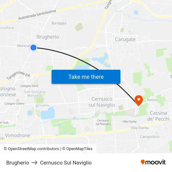 Brugherio to Cernusco Sul Naviglio map