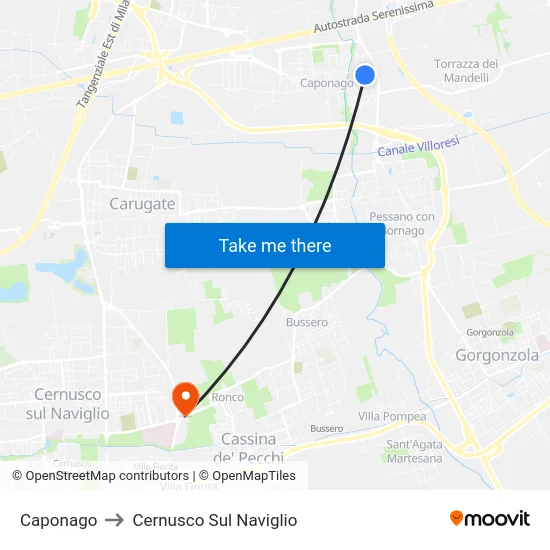 Caponago to Cernusco Sul Naviglio map