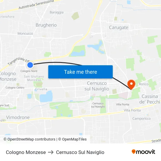 Cologno Monzese to Cernusco Sul Naviglio map