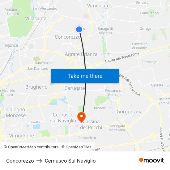 Concorezzo to Cernusco Sul Naviglio map