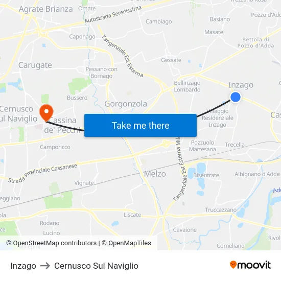 Inzago to Cernusco Sul Naviglio map