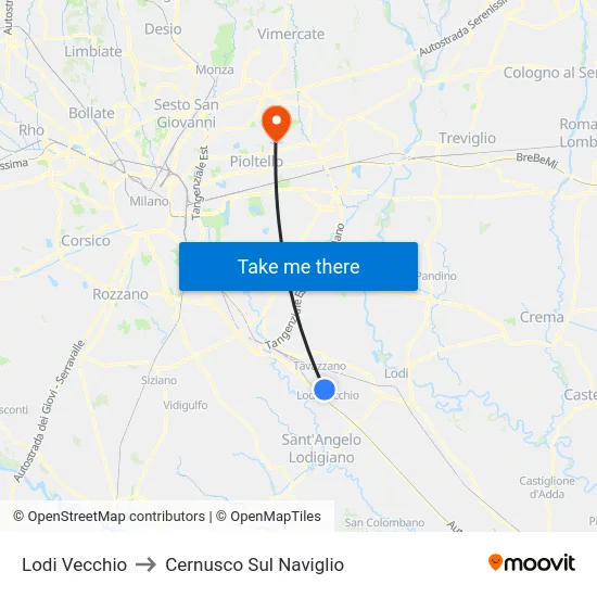 Lodi Vecchio to Cernusco Sul Naviglio map