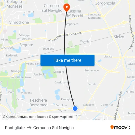 Pantigliate to Cernusco Sul Naviglio map