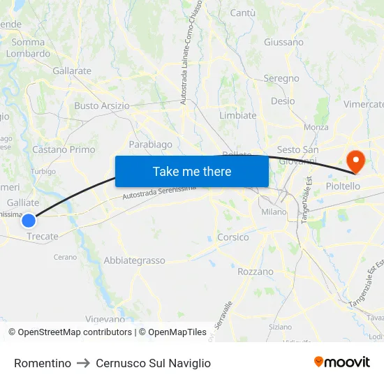 Romentino to Cernusco Sul Naviglio map