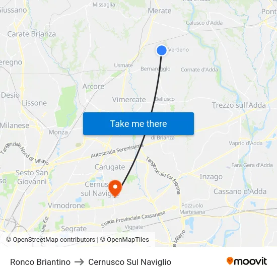 Ronco Briantino to Cernusco Sul Naviglio map