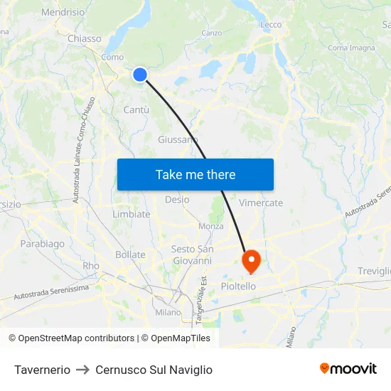 Tavernerio to Cernusco Sul Naviglio map