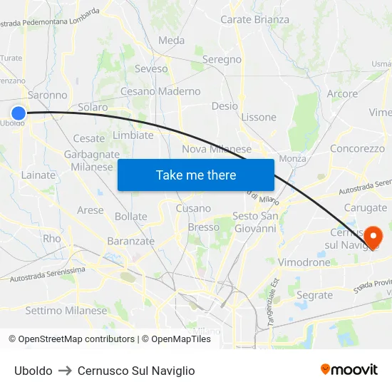 Uboldo to Cernusco Sul Naviglio map