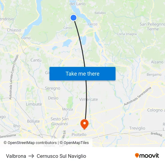 Valbrona to Cernusco Sul Naviglio map