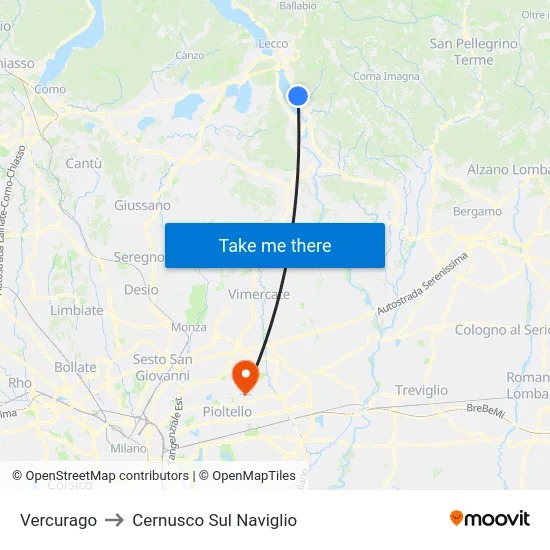 Vercurago to Cernusco Sul Naviglio map