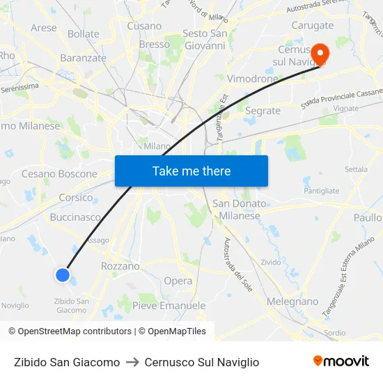 Zibido San Giacomo to Cernusco Sul Naviglio map