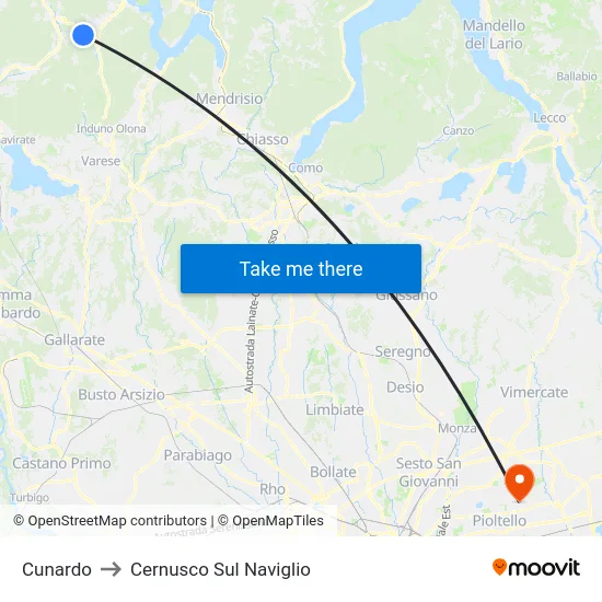 Cunardo to Cernusco Sul Naviglio map