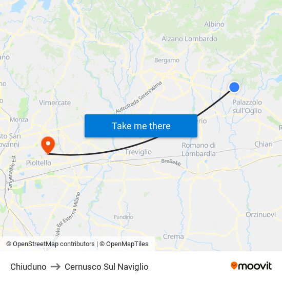Chiuduno to Cernusco Sul Naviglio map