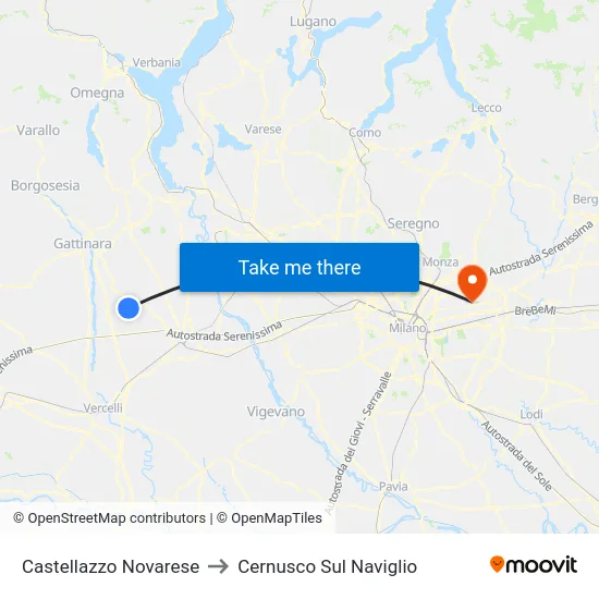 Castellazzo Novarese to Cernusco Sul Naviglio map