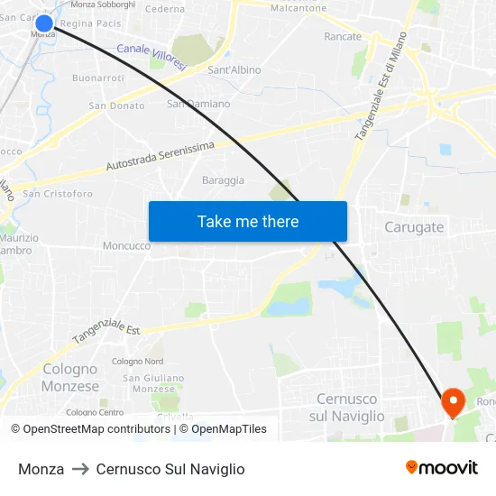 Monza to Cernusco Sul Naviglio map