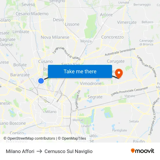 Milano Affori to Cernusco Sul Naviglio map