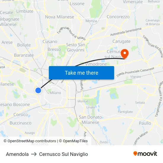 Amendola to Cernusco Sul Naviglio map