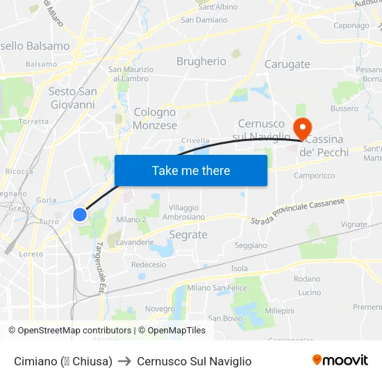 Cimiano (⛔ Chiusa) to Cernusco Sul Naviglio map