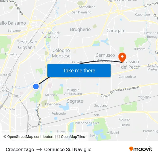 Crescenzago to Cernusco Sul Naviglio map
