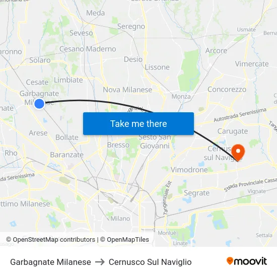 Garbagnate Milanese to Cernusco Sul Naviglio map
