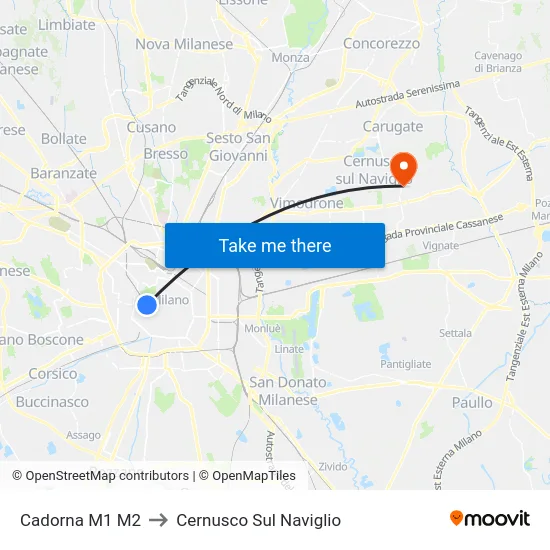 Cadorna M1 M2 to Cernusco Sul Naviglio map