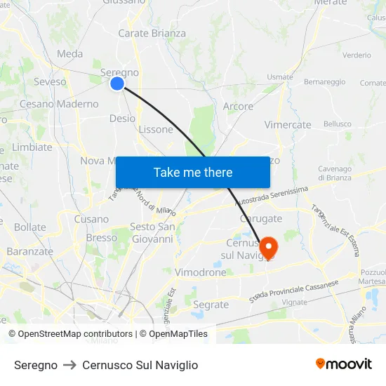 Seregno to Cernusco Sul Naviglio map