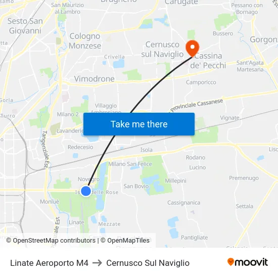 Linate Aeroporto M4 to Cernusco Sul Naviglio map