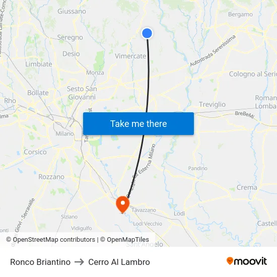 Ronco Briantino to Cerro Al Lambro map