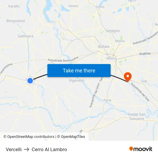 Vercelli to Cerro Al Lambro map