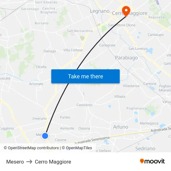 Mesero to Cerro Maggiore map
