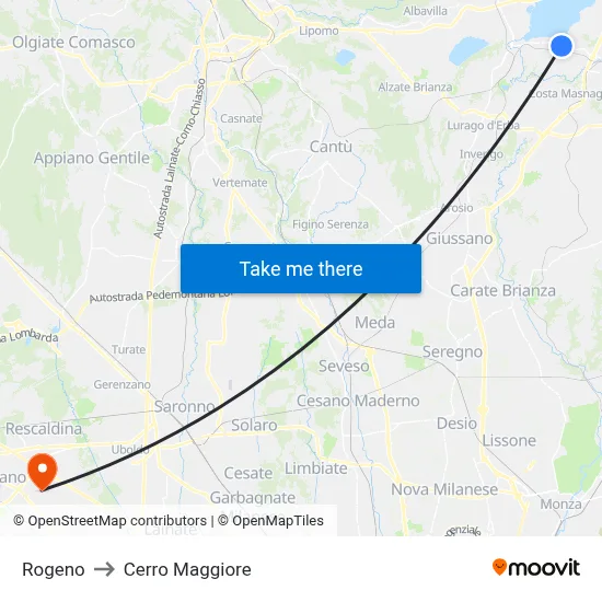 Rogeno to Cerro Maggiore map