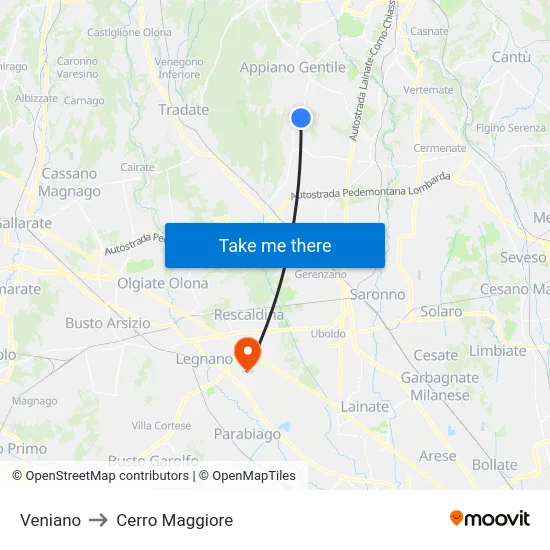 Veniano to Cerro Maggiore map