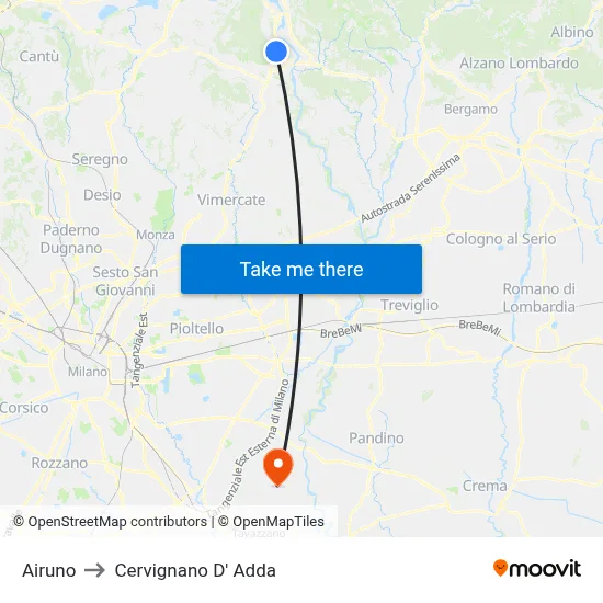 Airuno to Cervignano d'Adda map