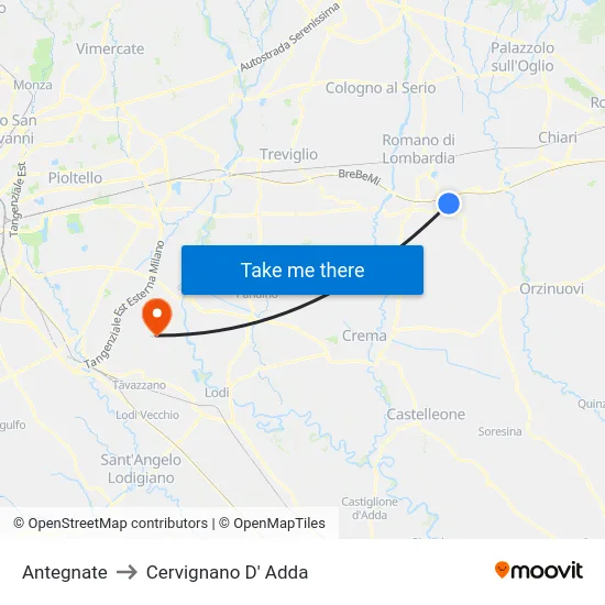 Antegnate to Cervignano D' Adda map