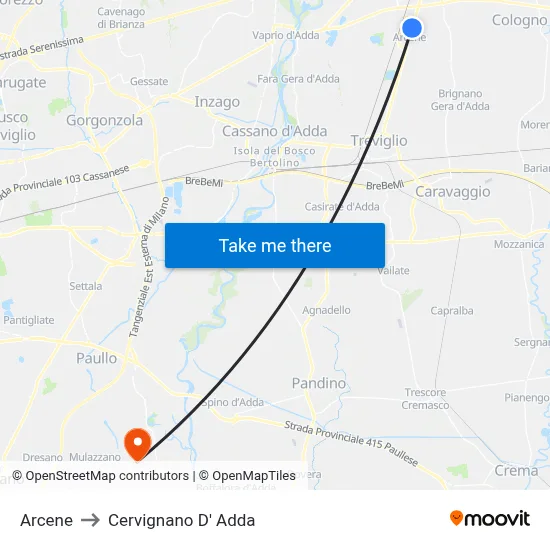 Arcene to Cervignano d'Adda map