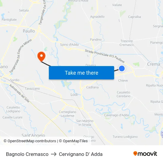 Bagnolo Cremasco to Cervignano D' Adda map