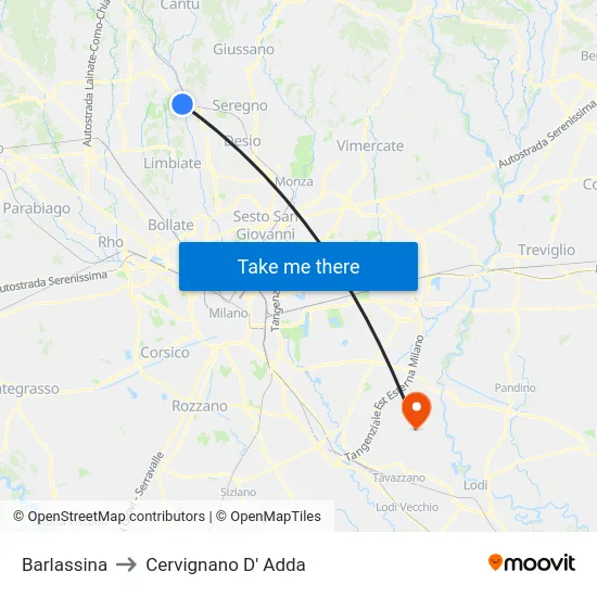 Barlassina to Cervignano D' Adda map
