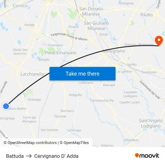 Battuda to Cervignano d'Adda map