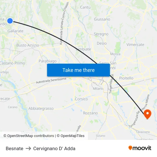 Besnate to Cervignano D' Adda map