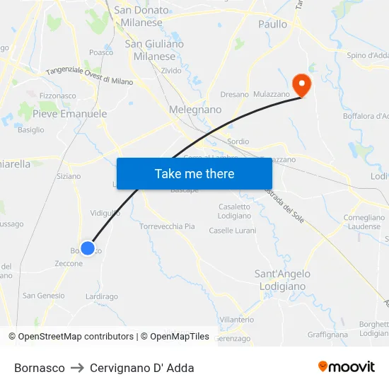 Bornasco to Cervignano d'Adda map
