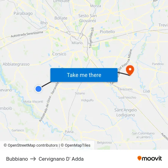 Bubbiano to Cervignano D' Adda map