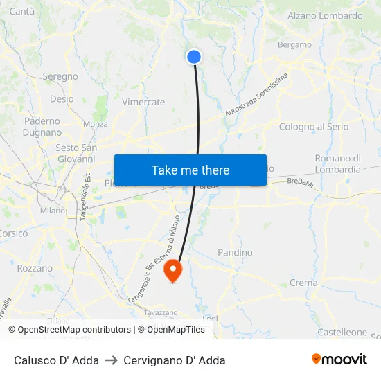 Calusco d'Adda to Cervignano d'Adda map