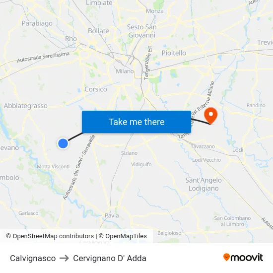 Calvignasco to Cervignano D' Adda map