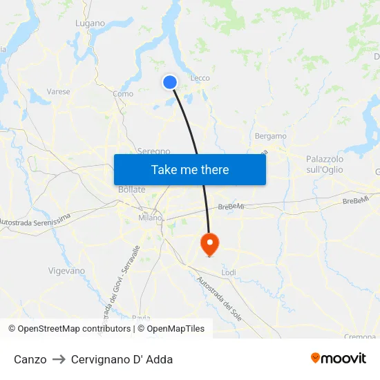 Canzo to Cervignano D' Adda map