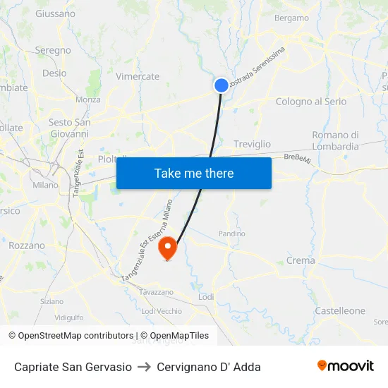 Capriate San Gervasio to Cervignano D' Adda map
