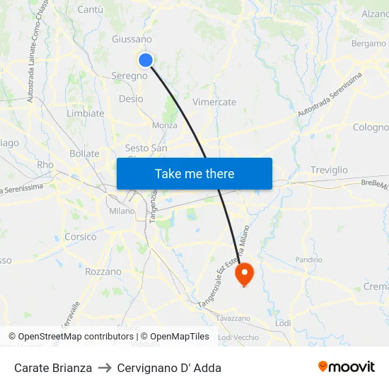 Carate Brianza to Cervignano D' Adda map