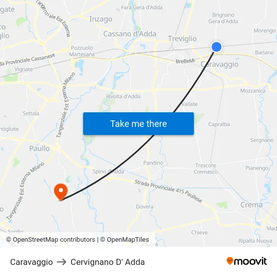 Caravaggio to Cervignano D' Adda map