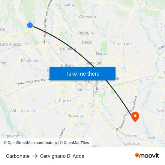 Carbonate to Cervignano D' Adda map