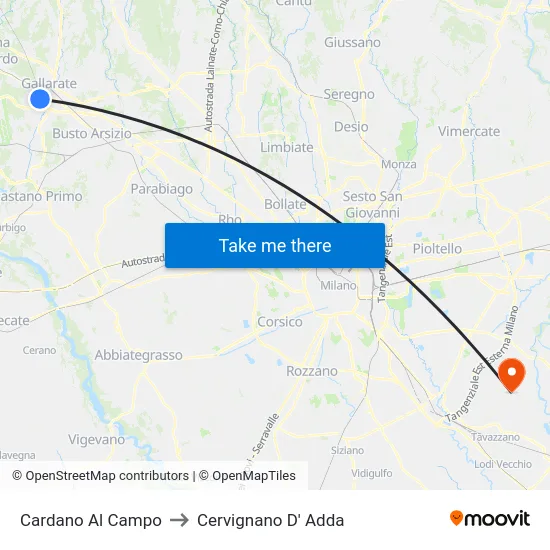 Cardano Al Campo to Cervignano D' Adda map