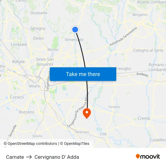 Carnate to Cervignano D' Adda map