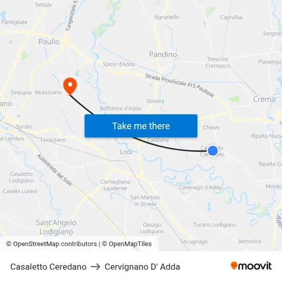 Casaletto Ceredano to Cervignano d'Adda map